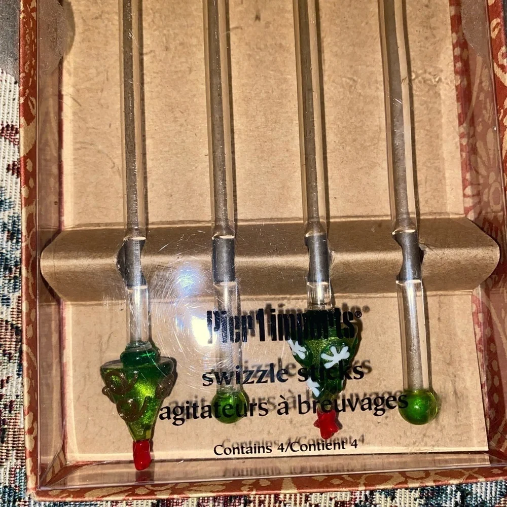 Pier 1 Christmas Tree Decorative Glass Swizzle Drink Set Of 4 Stir Sticks 8”